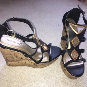 Faux Black Leather and Gold Wedges